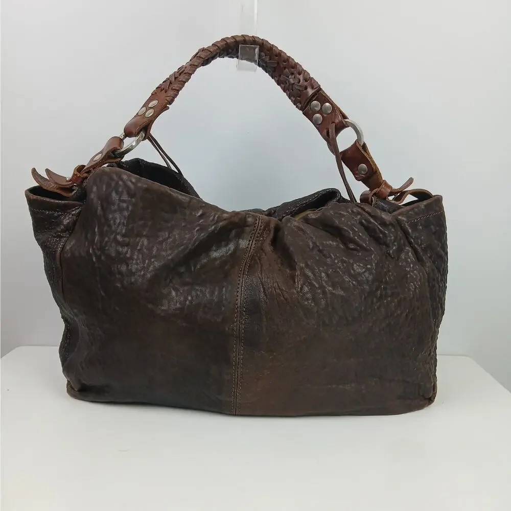 Sundance Textured Crinkled Calfskin Leather Satchel Brown Braided Handle Fringe